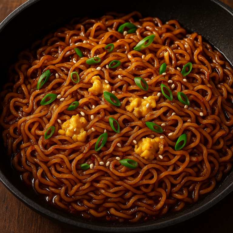 One-pan crispy chili garlic ramen with chili crisp, garlic, and scrambled egg folded into the noodles, topped with green onion and sesame seeds.