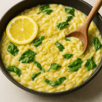One-pan lemon butter orzo in a skillet, creamy and bright, garnished with fresh parsley and lemon slices.
