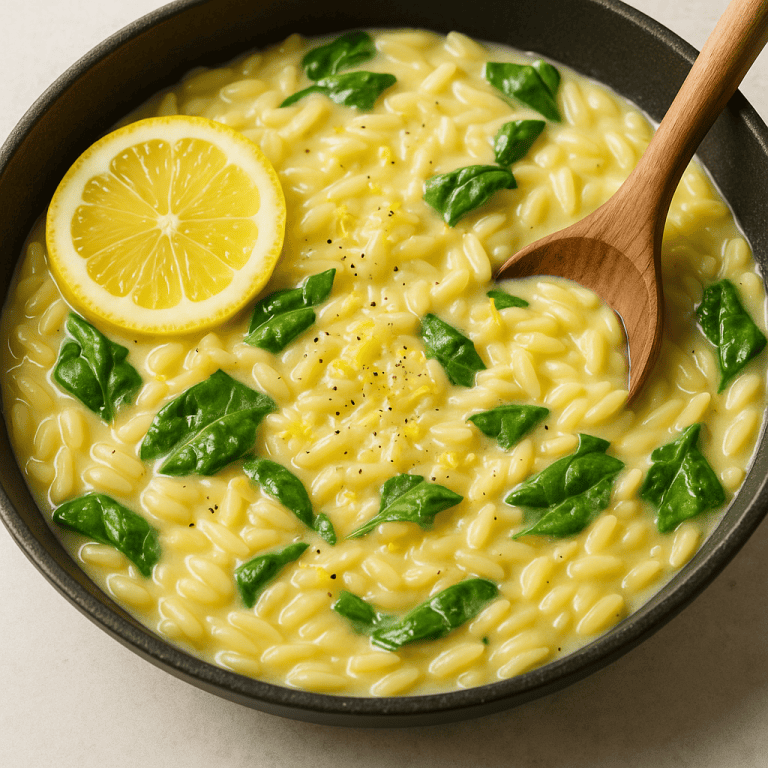 One-pan lemon butter orzo in a skillet, creamy and bright, garnished with fresh parsley and lemon slices.