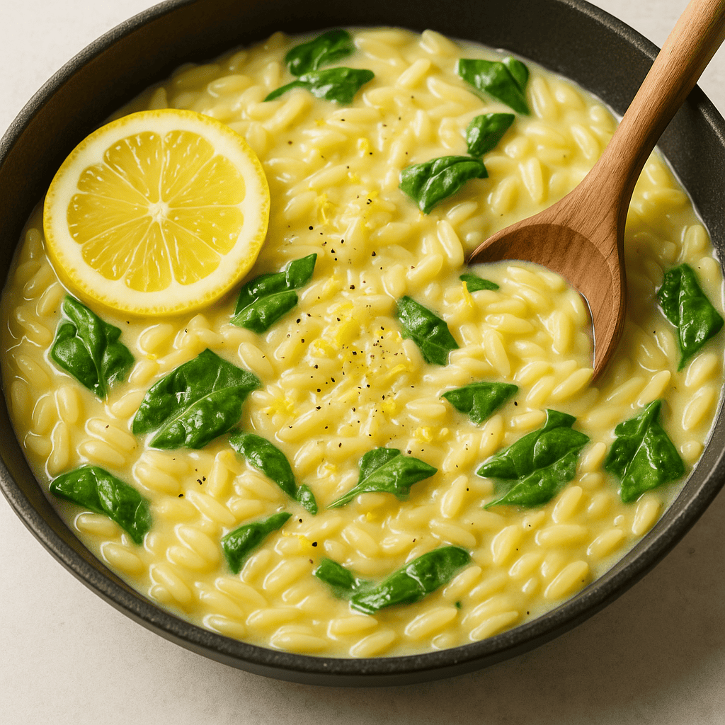 One-pan lemon butter orzo in a skillet, creamy and bright, garnished with fresh parsley and lemon slices.