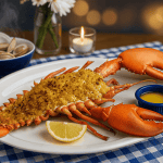 Split baked stuffed lobster topped with golden breadcrumbs on a white platter with melted butter, lemon wedge, and a bowl of steaming clams in the background on a blue-check tablecloth.