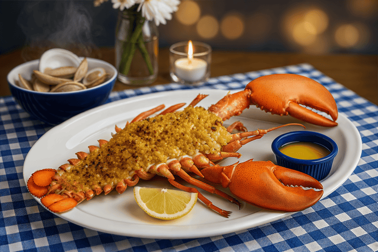Split baked stuffed lobster topped with golden breadcrumbs on a white platter with melted butter, lemon wedge, and a bowl of steaming clams in the background on a blue-check tablecloth.